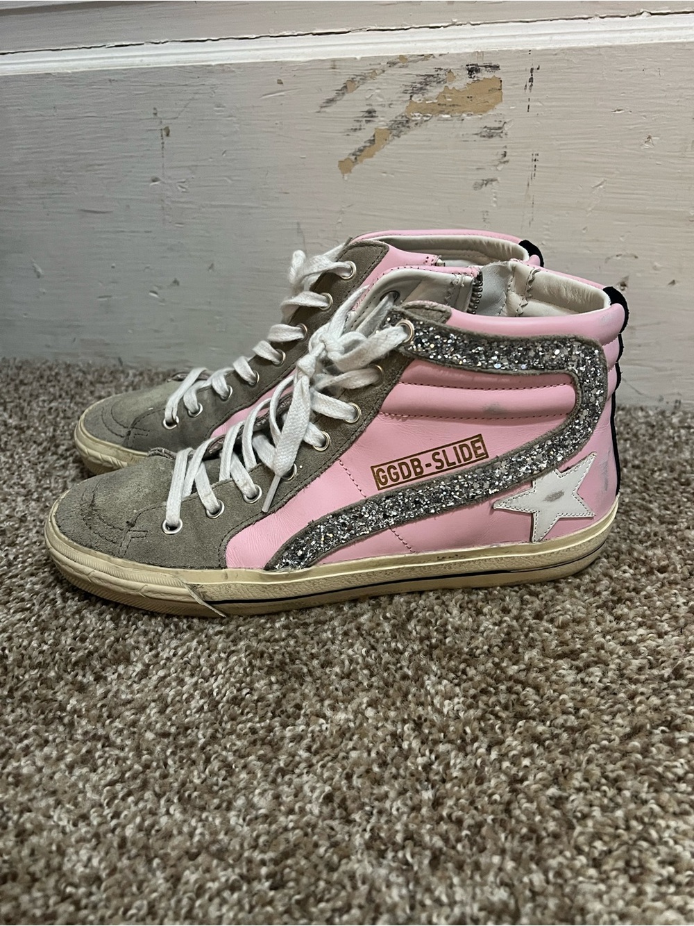 Golden Goose GGDB-SLIDE Pink & Gray Glitter High-Top Sneakers